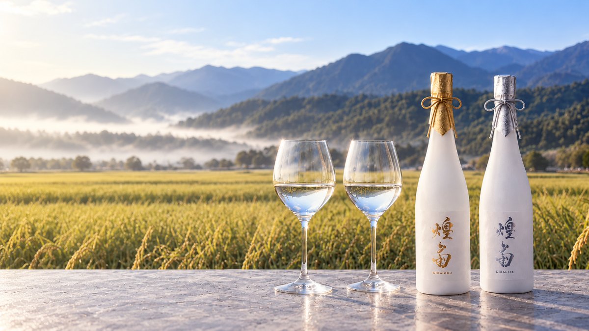 稲穂の田んぼと山を背景に、ワイングラス2脚と白い煌菊のボトル2本